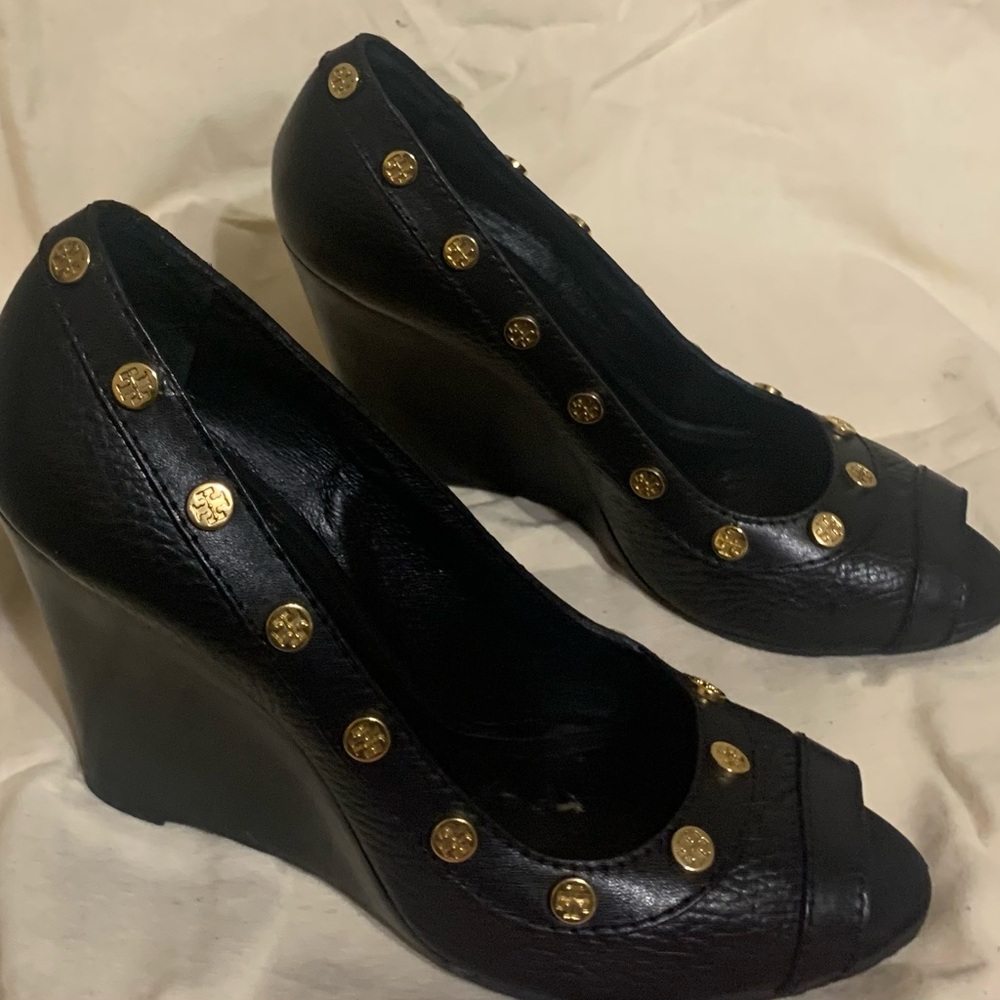 Tory Burch Black Wedges with Gold Accents